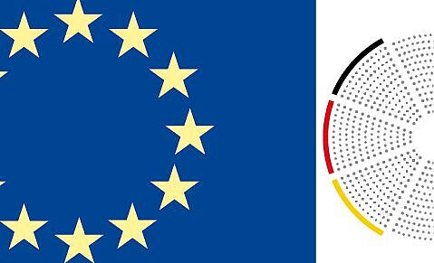 EU-Flagge mit Sternen und EU-Parlament